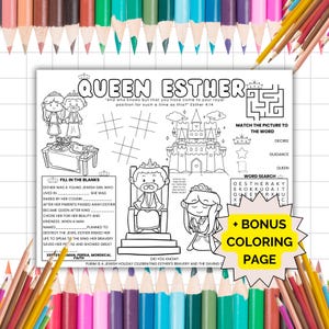Queen Esther Activity Placemat, Bible Coloring Pages, Old Testament Study Guide For Kids, Homeschool Bible Lesson, Sunday School Craft,
