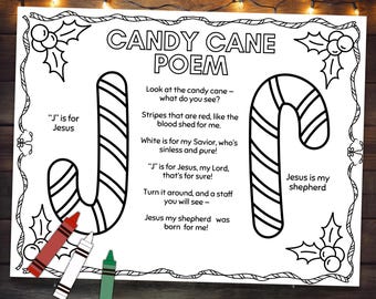 May include: Black and white "Candy Cane Poem" print with candy cane illustrations and text. The poem includes the phrases "J is for Jesus" and "Jesus is my shepherd". Red, white, and green crayons are in the lower left corner.