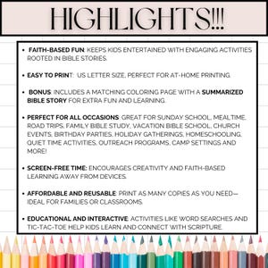 May include: A colorful image with the text "HIGHLIGHTS!!!" and a list of bullet points describing the benefits of faith-based fun activities for kids. The bullet points include: Faith-based fun, Easy to print, Bonus, Perfect for all occasions, Screen-free time, Affordable and reusable, Educational and interactive.