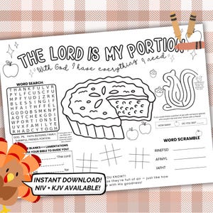 Op de afbeelding: Zwart-wit printbaar activiteitenblad met de tekst "THE LORD IS MY PORTION". Bevat een taart, een woordzoeker, een woordpuzzel en invulsecties. Met de tekst "INSTANT DOWNLOAD! NIV + KJV AVAILABLE!"