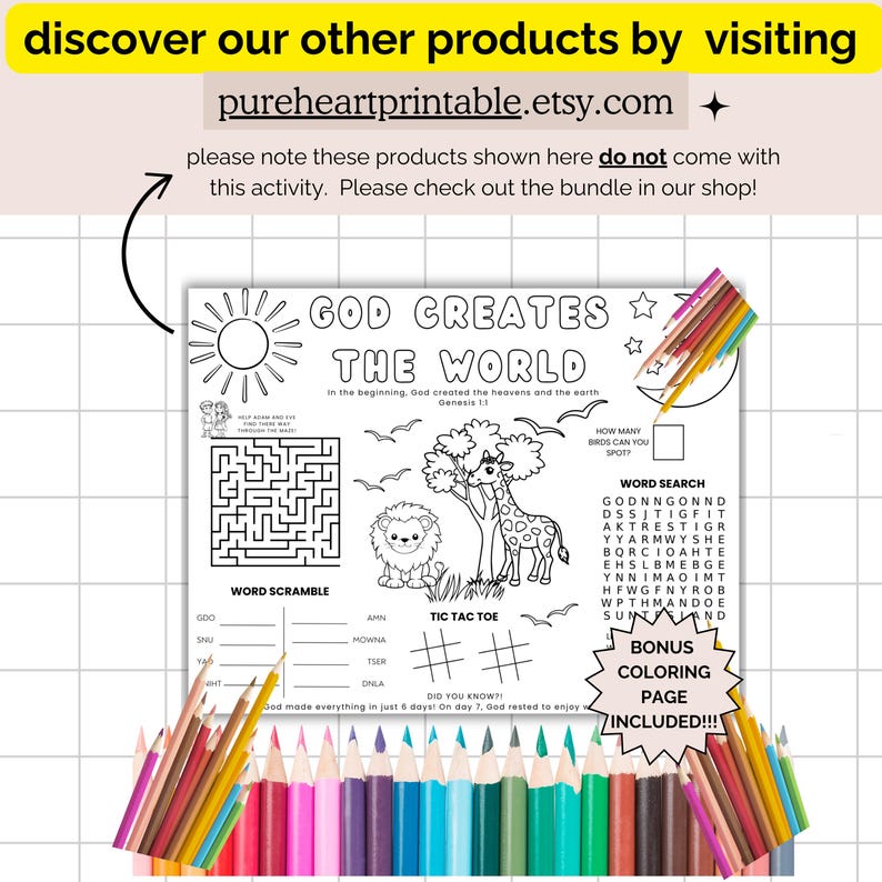 May include: Black and white printable activity sheet with a coloring page, word search, word scramble, and tic-tac-toe game. The sheet features a lion and giraffe in a jungle setting. The title is "God Creates the World".