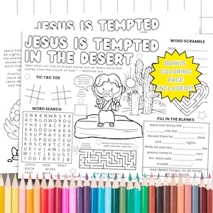 May include: A black and white activity sheet titled "Jesus is Tempted in the Desert" with games like word search and tic-tac-toe. A bonus coloring page is included. Coloured pencils are at the bottom of the image.