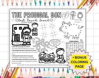 The Prodigal Son Activity Placemat, The Parables of Jesus Coloring Page, Bible Story Activity Sheets, Christian Homeschool Kids Printable