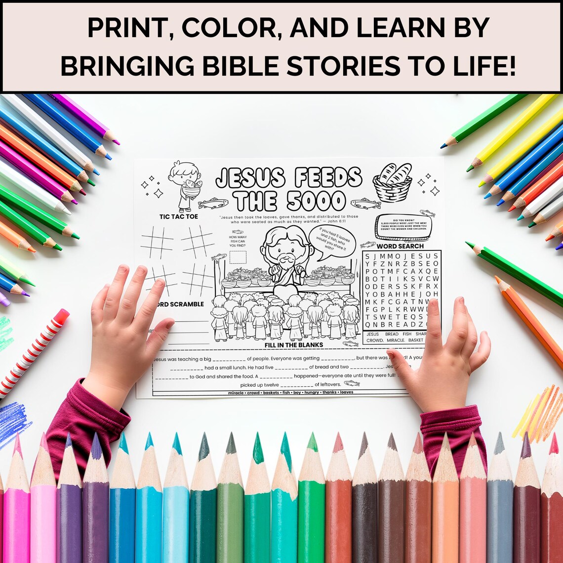 Jesus Feeds 5000 Activity Placemat, Bible Story Coloring Page, Sunday ...