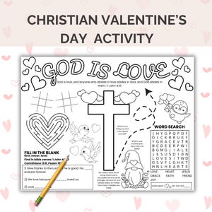 Printable Christian Valentines Day Placemat Activity, God Is Love Valentines Day Bible Craft, Homeschool Bible Story Coloring Sheet