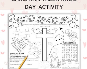Printable Christian Valentines Day Placemat Activity, God Is Love Valentines Day Bible Craft, Homeschool Bible Story Coloring Sheet