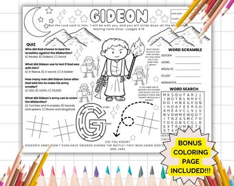 Napperon d'activité Gideon, napperon d'activité biblique, école du dimanche, étude de la Bible pour enfants, histoire de la Bible à colorier, école chrétienne à la maison