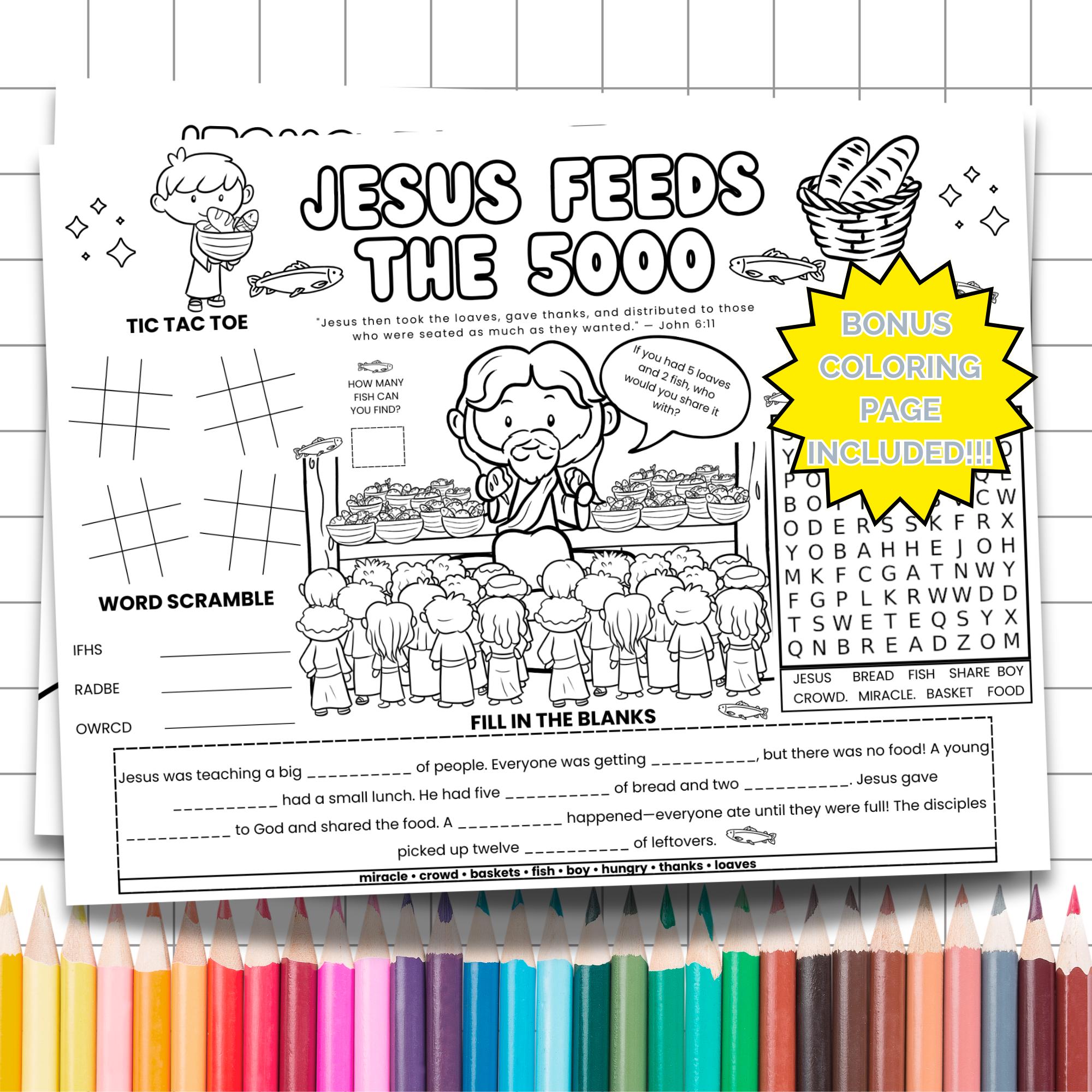 Jesus Feeds 5000 Activity Placemat, Bible Story Coloring Page, Sunday ...