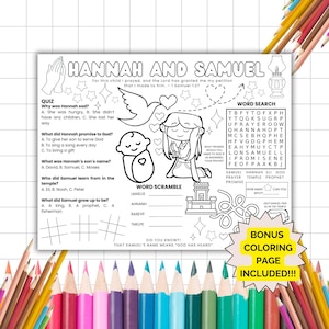 May include: Black and white printable coloring page featuring a Bible story about Hannah and Samuel. The page includes a word search, word scramble, and a quiz. The text "For this child I prayed, and the Lord has granted me my petition that I made to him. - 1 Samuel 1:27" is included.
