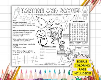 Actividad de mantel individual de Ana y Samuel, página para colorear cristiana, lección bíblica de la escuela dominical para niños, página de estudio del Antiguo Testamento para niños