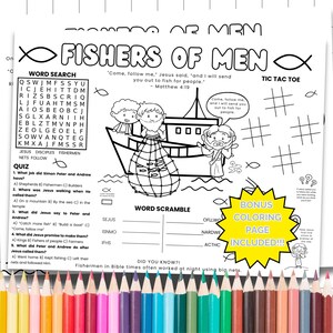 May include: A black and white activity sheet titled Fishers of Men featuring a word search, a quiz, a word scramble, and a tic tac toe game. The sheet includes illustrations of a boat, a fishing net, and figures, with a yellow starburst graphic.