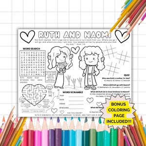 Ruth And Naomi Activity Placemat, Bible Activity Placemat, Sunday School, Kids Bible Study, Bible Story Coloring, Christian Homeschool,