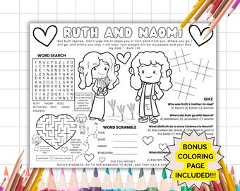 Ruth And Naomi Activity Placemat, Bible Activity Placemat, Sunday School, Kids Bible Study, Bible Story Coloring, Christian Homeschool,