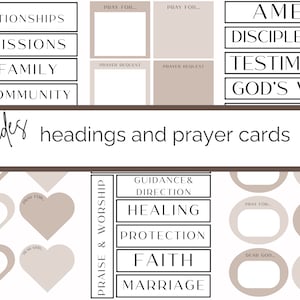 May include: A collection of prayer cards and headings in a minimalist design. The cards feature headings like "Relationships," "Missions," and "Family." The image includes text such as "Pray For..." and "Dear God..." in a neutral color palette.