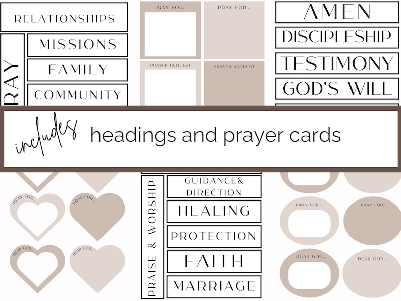 May include: A collection of prayer cards and headings in a minimalist design. The cards feature headings like "Relationships," "Missions," and "Family." The image includes text such as "Pray For..." and "Dear God..." in a neutral color palette.