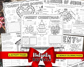 May include: A Nativity Bundle featuring 5 activity pages and 5 bonus coloring pages. The pages include word searches, fill-in-the-blanks, and coloring activities with Christmas and religious themes. The bundle is decorated with a red bow.