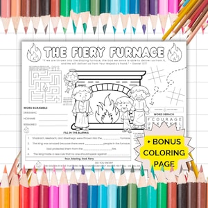 Fiery Furnace Activity Placemat, Story of Shadrach, Meshach Abednego, Old Testament Sunday School Lesson, Kids Bible Study Color Guide
