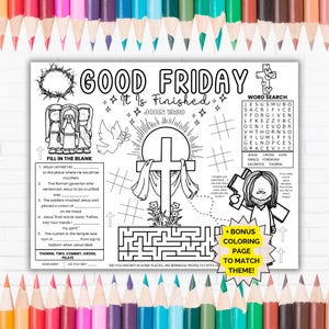 Good Friday Activity Placemat, Christian Lent Easter Crafts, Holy Week Coloring Pages, Printable Activity for Sunday School or Homeschooling