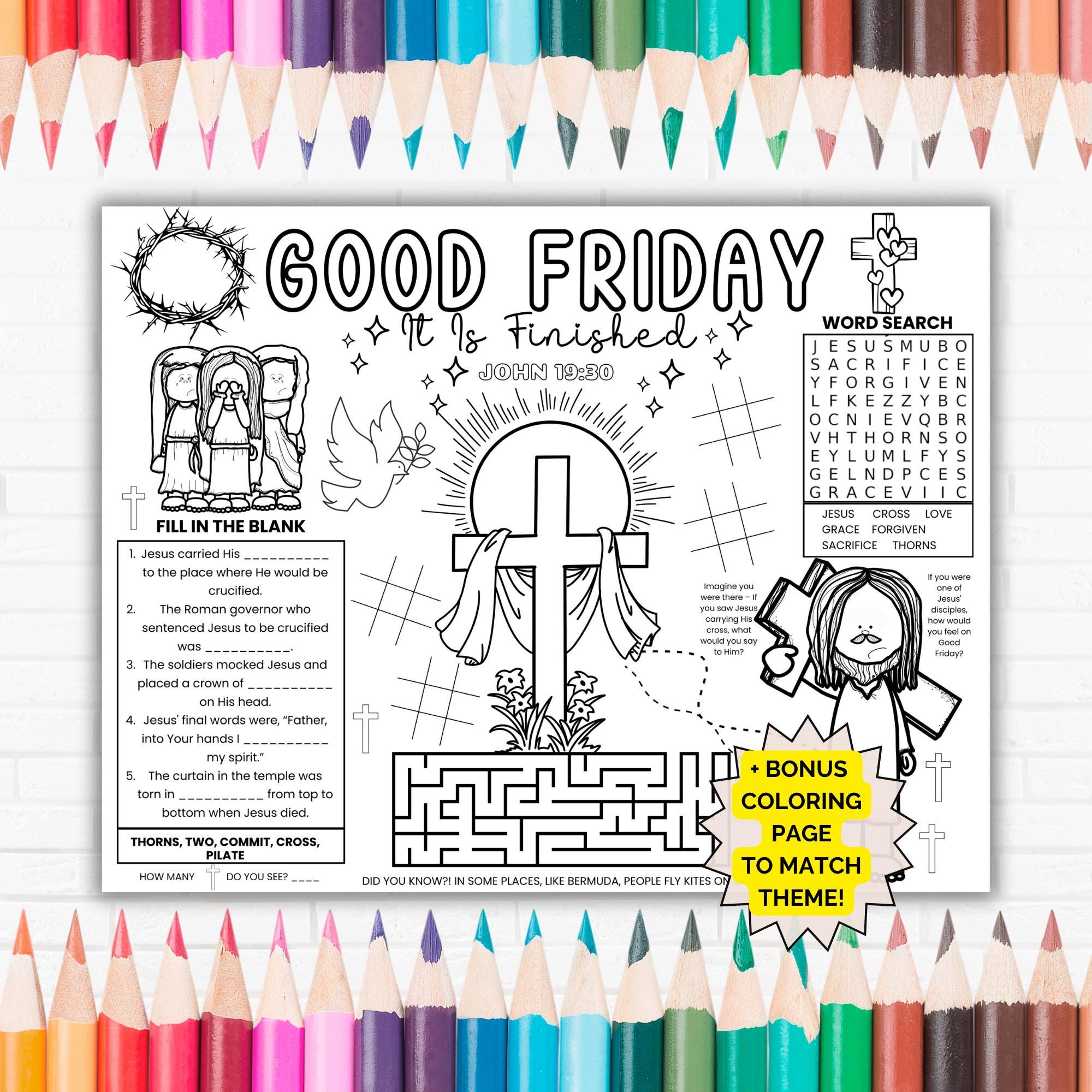 Good Friday Activity Placemat, Christian Lent Easter Crafts, Holy Week Coloring Pages, Printable Activity for Sunday School or Homeschooling