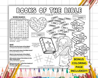 Books Of The Bible Activity Placemat, Books Of The Bible Activities Craft Games, Printable Bible Coloring Page For Kids, Sunday School,