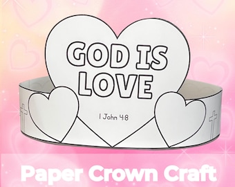 Manualidad bíblica imprimible para San Valentín, actividad bíblica para la escuela dominical, corona de papel, dibujo cristiano para colorear para San Valentín.