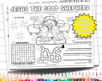 May include: Black and white coloring page featuring Jesus as the Good Shepherd with sheep. Includes a tic-tac-toe game, word search, and questions about the shepherd. The text reads "Jesus the Good Shepherd" and "Bonus Coloring Page Included!!"
