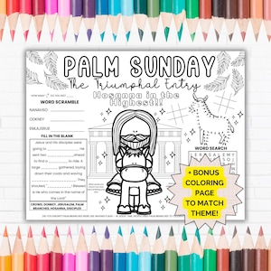 Palm Sunday Activity Placemat For Kids, Holy Week Easter Crafts, Coloring Pages, Printable Activity for Sunday School or Homeschooling, Lent