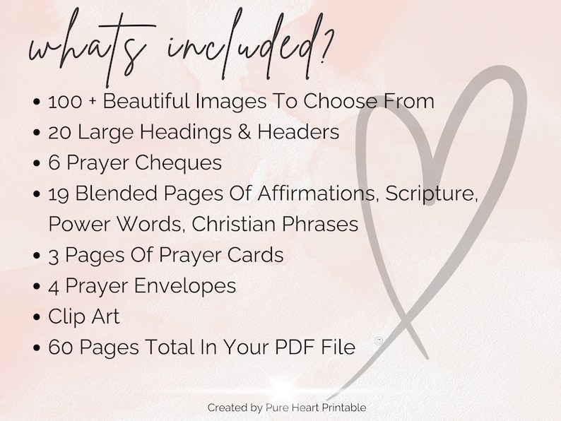 May include: A digital download graphic with a soft pink background and a heart outline. Text includes "whats included?" followed by a list of items such as images, headings, prayer cards, and clip art. The file contains 60 pages.