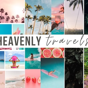 May include: A collage of images depicting tropical destinations, including beaches, palm trees, and lush greenery. The text "HEAVENLY travels" is displayed in the center of the collage.