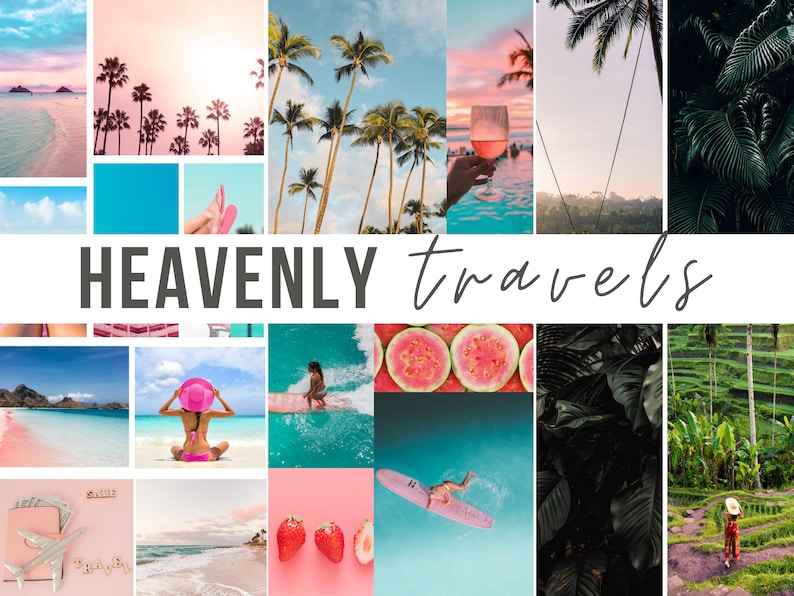 May include: A collage of images depicting tropical destinations, including beaches, palm trees, and lush greenery. The text "HEAVENLY travels" is displayed in the center of the collage.