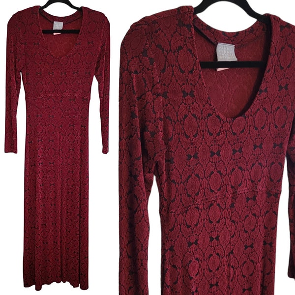 Vintage Y2K 90s Red Black Damask Slinky Bodycon Maxi Dress Long Sleeve Dark Romantic sz 10