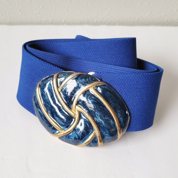 VINTAGE 80s Day-Lor Gold Enameled Buckle Elastic Belt Blue One Size