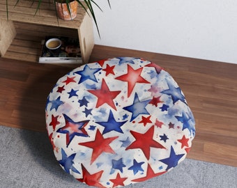 Red White and Blue Stars Tufted Floor Pillow, Round