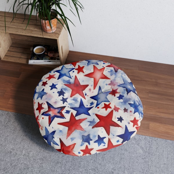 Red White and Blue Stars Tufted Floor Pillow, Round