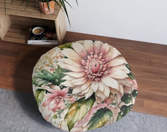 Tufted-Bodenkissen mit weißen und rosa Boho-Blumen, rund