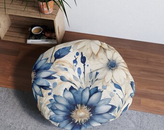 Coussin de sol capitonné fleurs bohèmes crème et bleu, rond