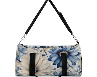 Bolsa de lona azul suave con flores boho color crema y azul