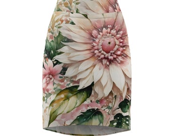 White & Pink Boho Flowers Women's Pencil Skirt