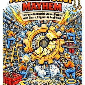 May include: A colorful illustration titled "Machine Shop Mayhem" depicts an industrial scene with workers welding and assembling machinery. The image features gears, engines, and various tools, with text that reads "Extreme Industrial Scenes Packed with Gears, Engines & Real Work."