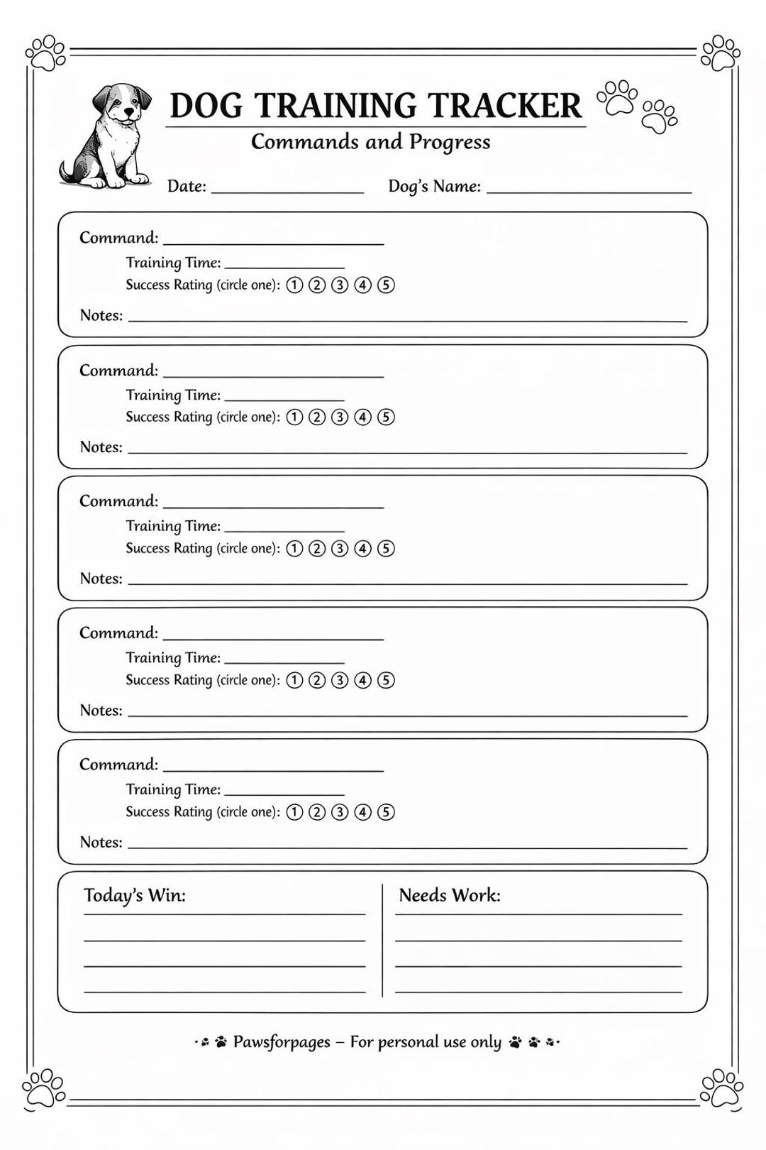 Dog Training Tracker Printable | Command Progress Log and Behavior ...
