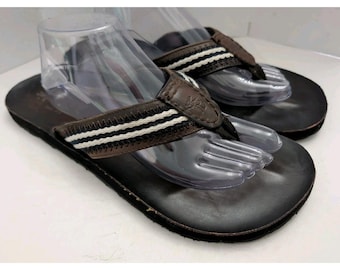 Vntg Abercrombie Fitch Brown Leather White Navy Stripe Flip Flops Y2K 90s Men XL