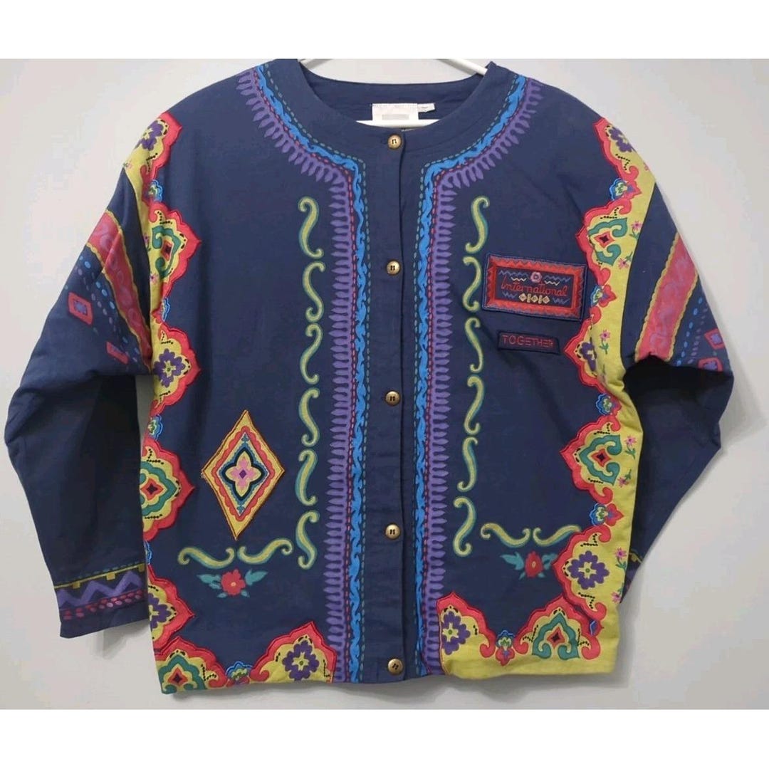 Vtg Together! Jacket International Blue Embroidered Sz S Boho Opart ...