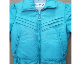 Vintage GERRY A Down Ski Puffer Teal Cropped Jacket 80s Pintuck Pleats Sz S