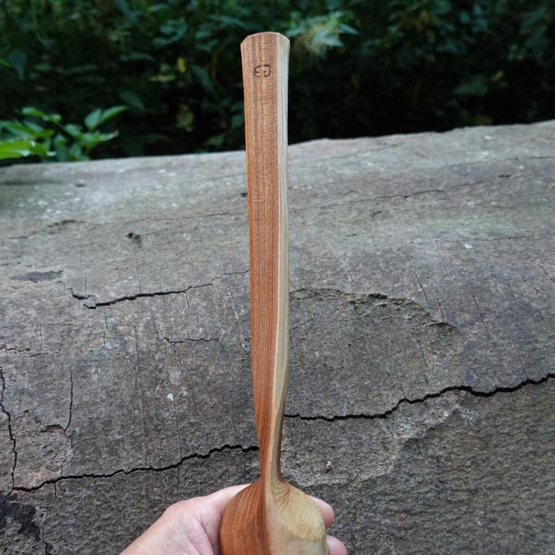 May include: Hand-carved wooden spoon with a long handle and rounded bowl. The spoon is made of light and dark brown wood, with the initials "C3" carved into the handle. The spoon is held against a blurred green background.