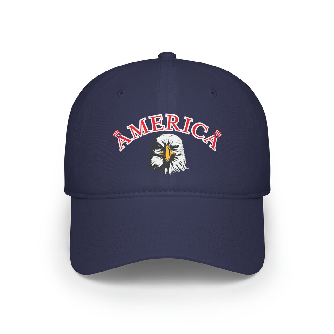 Waving USA American Bald Eagle Blue Yellow Accents Embroidered Cap CAP677 Hat At Men's Clothing Store