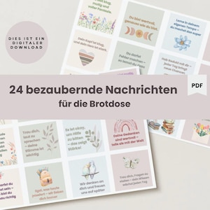 Peut inclure: Un ensemble de 24 cartes colorées avec des messages encourageants pour une boîte à lunch. Les cartes présentent des illustrations d'arcs-en-ciel, de papillons, d'oiseaux et d'autres motifs inspirés de la nature. Le texte sur les cartes comprend des phrases comme "Tu es incroyable" et "Continue de briller".