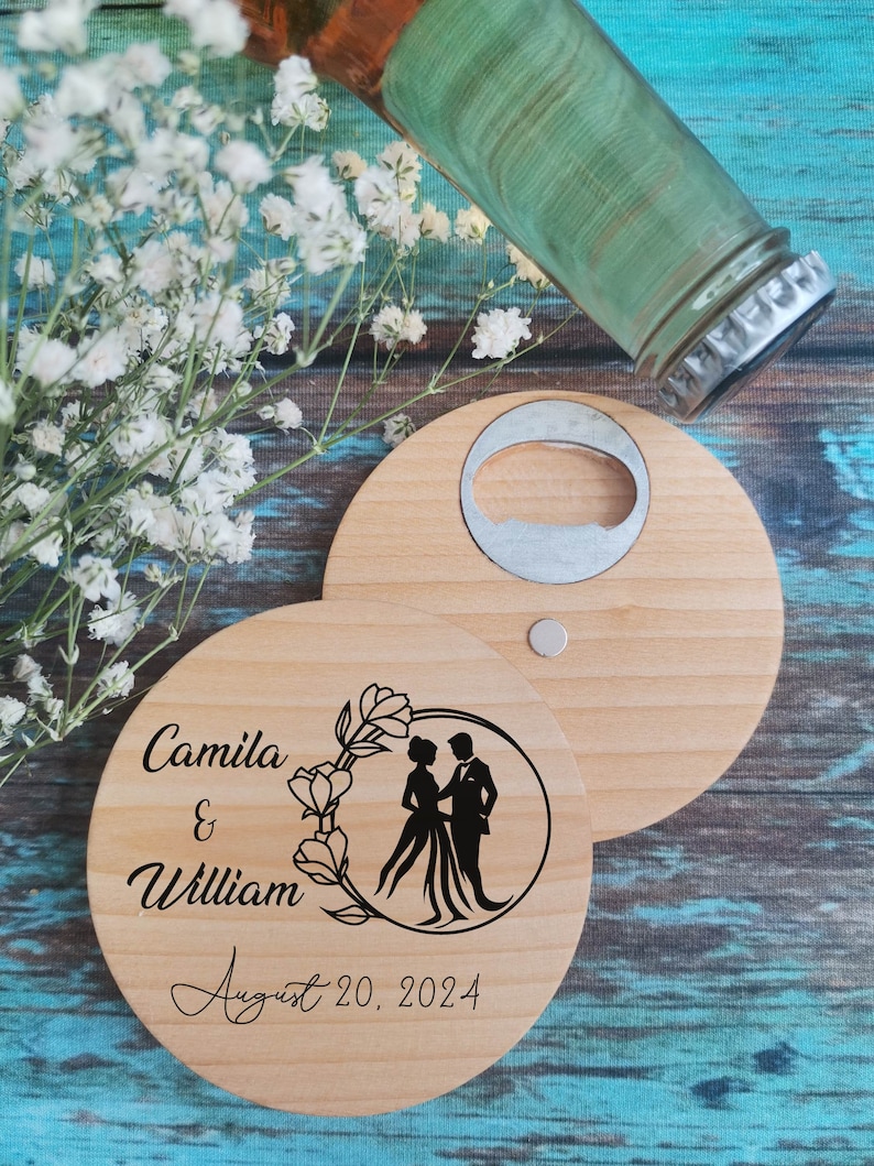 Personalized Round Wood Bottle Opener, Bride and Groom Wedding Favors