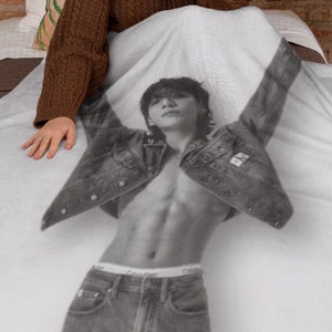 Jungkook, KPOP BTS Army Cozy Gray & White Blanket, Velveteen Gift For KPOP Music Fan, Birthday Present Gift for Best Friend