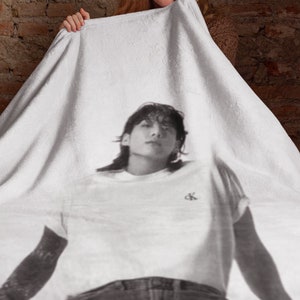 Jungkook, KPOP BTS Army Cozy Gray & White Blanket, Velveteen Gift For KPOP Music Fan, Birthday Present Gift for Best Friend