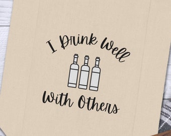 I Drink Well With Others Canvas Double Twin Bottle Wine Reusable Tote Carrier Travel Bag Gift